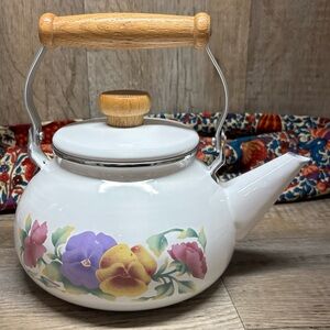 Vtg Enamel Lincoware Tea Pot / Kettle White w/ Pansy Flowers Wood Handles